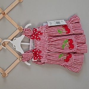 Red & White Gingham Smocked Dress and Bloomer Set w/ Cherry Motif